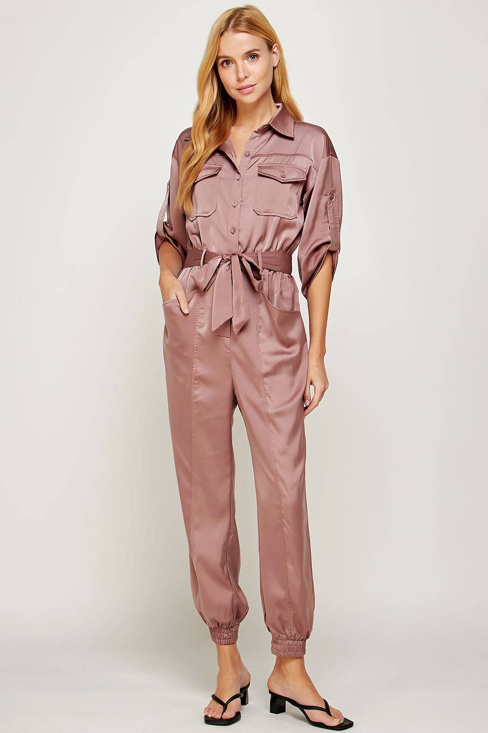 Satin Button-up Shirt Jumpsuit