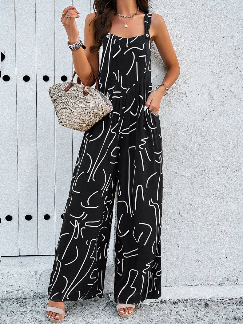 Suspenders With Long Button-Up Print Jumpsuit
