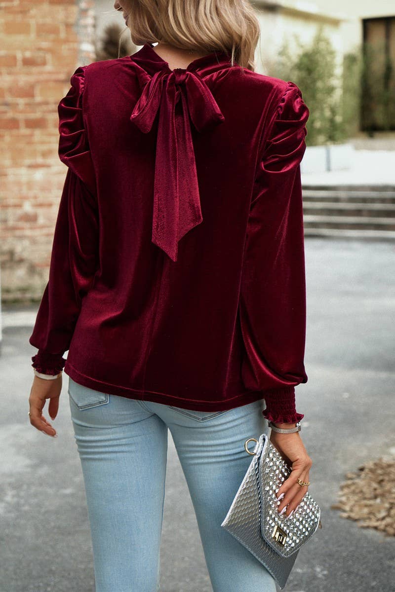 WOMEN SATIN HIGH NECK PUFF SLEEVE BLOUSE_CWTBLL0213