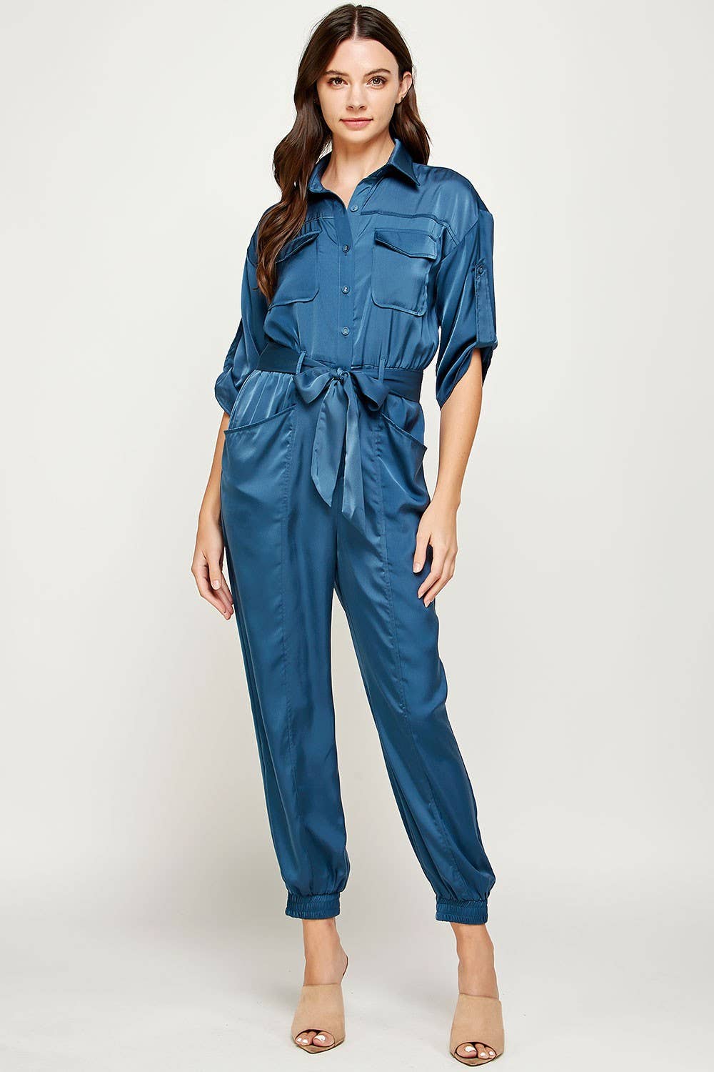 Satin Button-up Shirt Jumpsuit