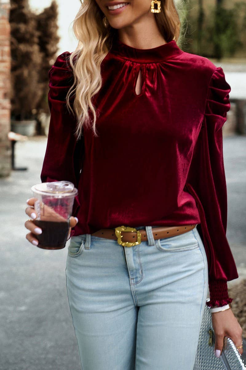 WOMEN SATIN HIGH NECK PUFF SLEEVE BLOUSE_CWTBLL0213