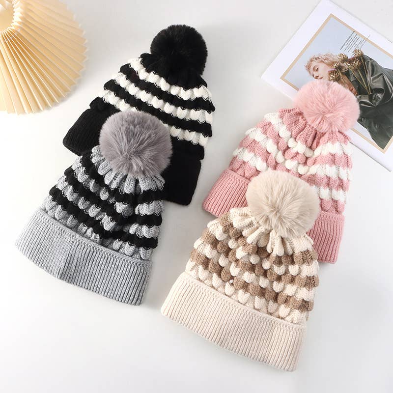 WOMEN FASHION FUR BALL COLOR MATCHING KNIT HAT_CWAH0630