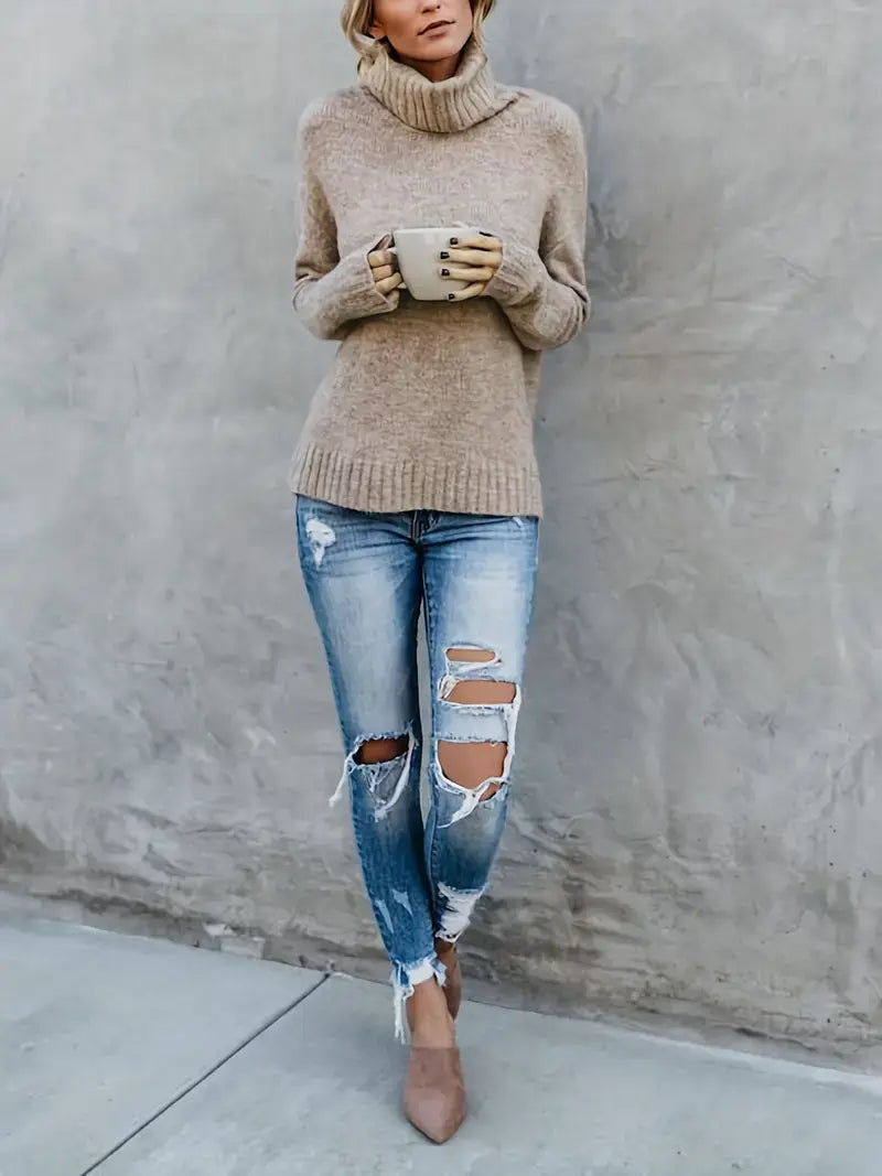 Solid Turtle Neck Pullover Sweater, Casual Long Sleeve