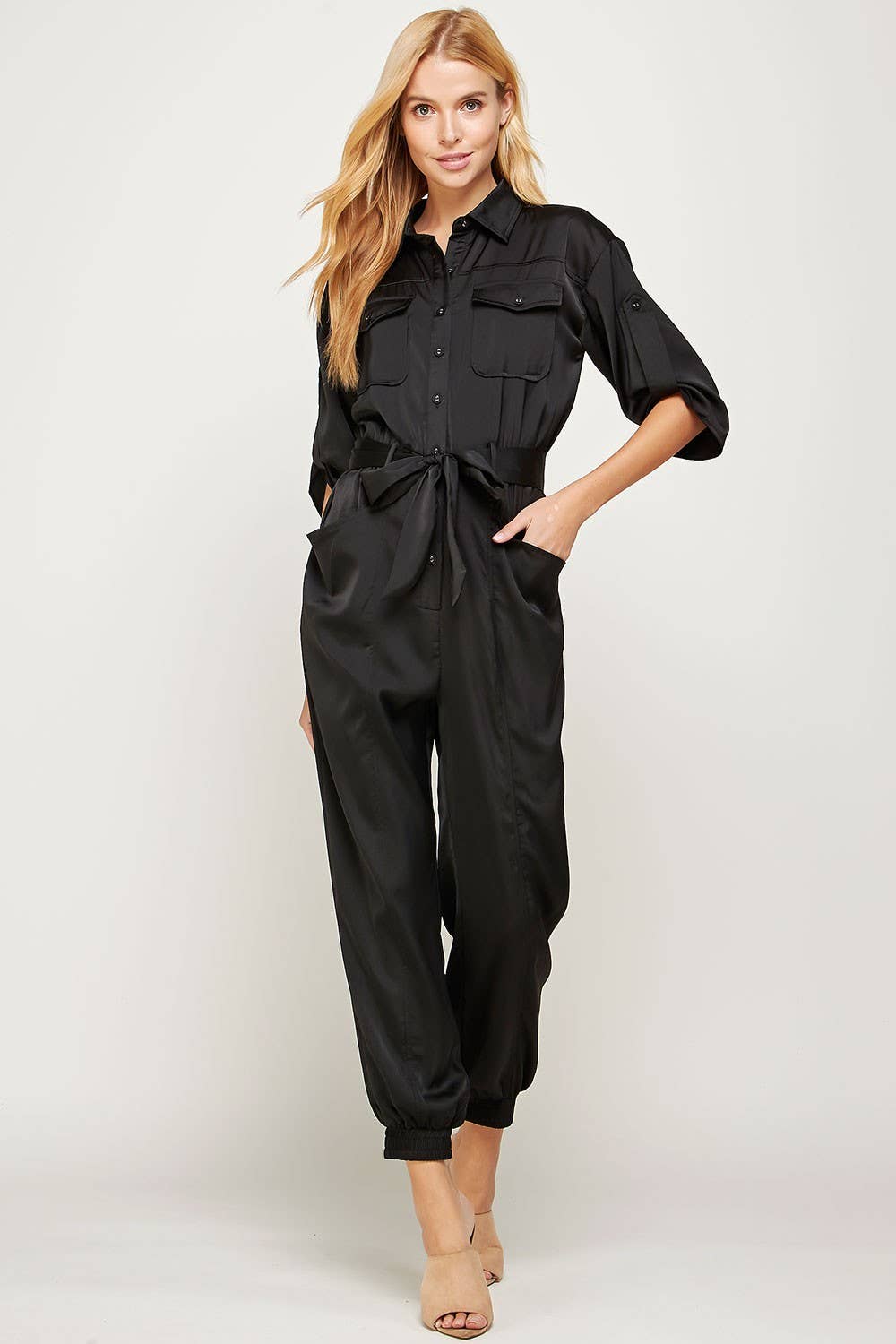 Satin Button-up Shirt Jumpsuit