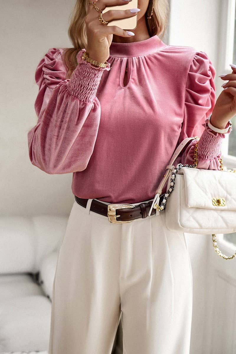 WOMEN SATIN HIGH NECK PUFF SLEEVE BLOUSE_CWTBLL0213