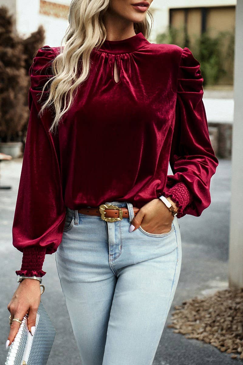 WOMEN SATIN HIGH NECK PUFF SLEEVE BLOUSE_CWTBLL0213