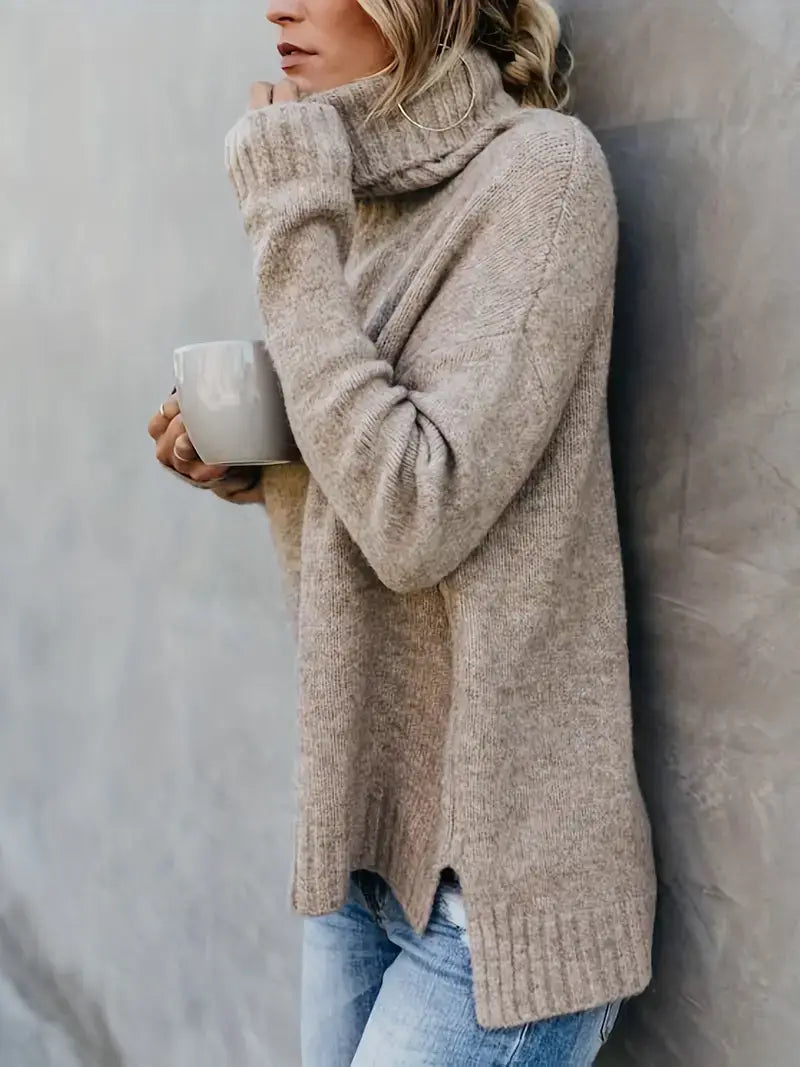 Solid Turtle Neck Pullover Sweater, Casual Long Sleeve