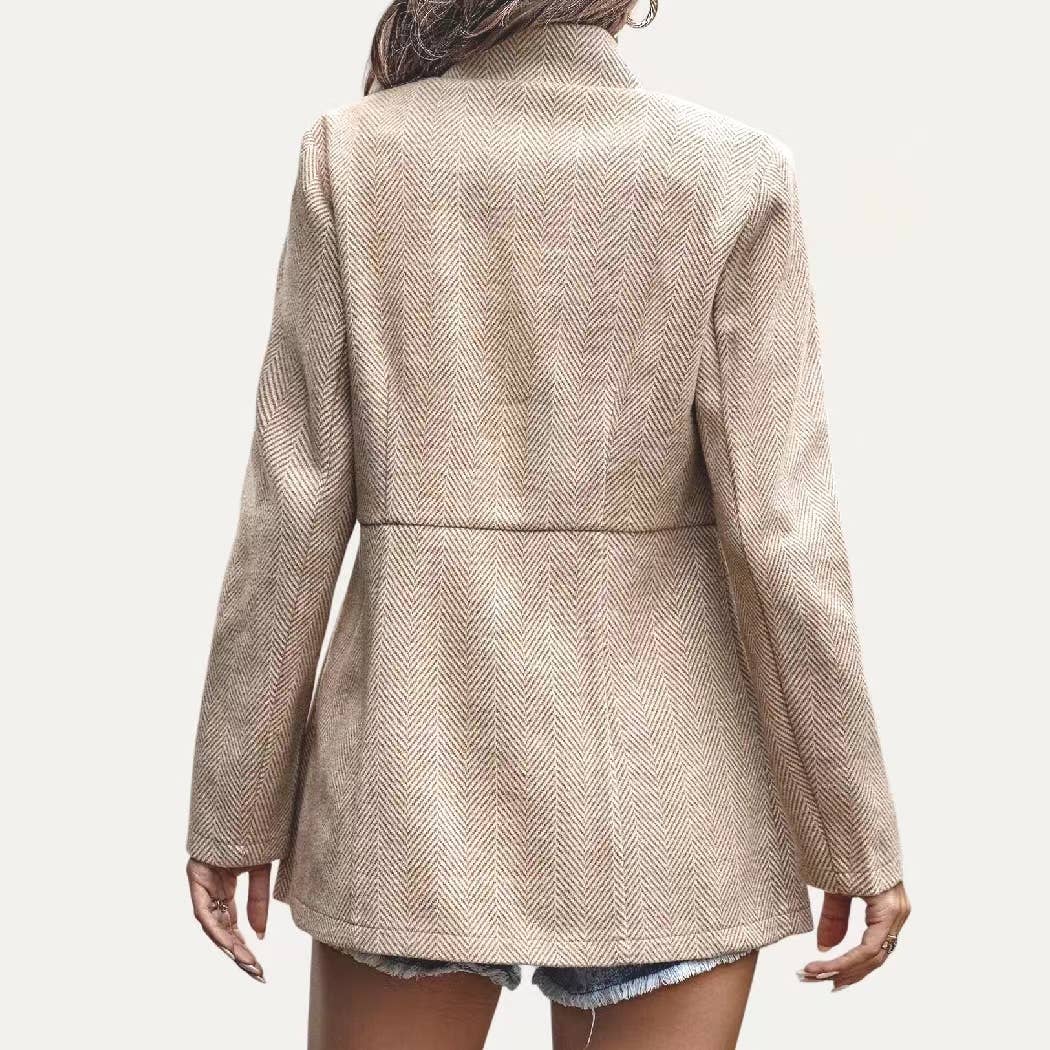 Striped Pattern Mock Neck Open Front Long Sleeve Blazer