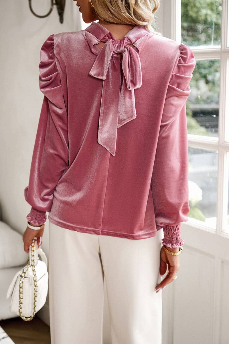 WOMEN SATIN HIGH NECK PUFF SLEEVE BLOUSE_CWTBLL0213