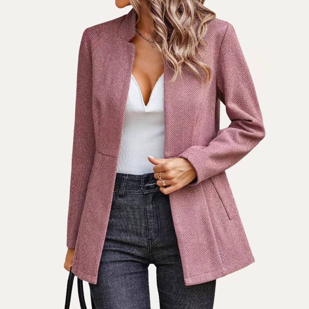 Striped Pattern Mock Neck Open Front Long Sleeve Blazer