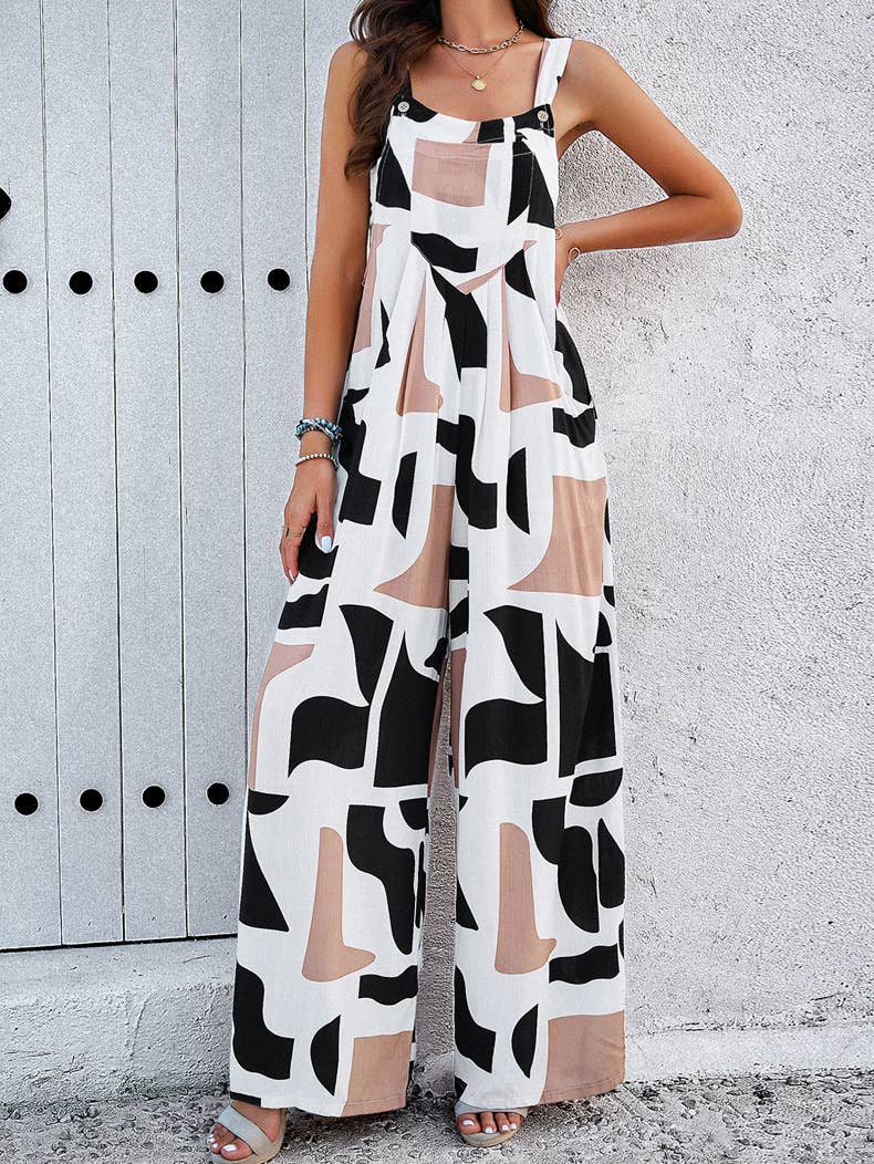 Suspenders With Long Button-Up Print Jumpsuit