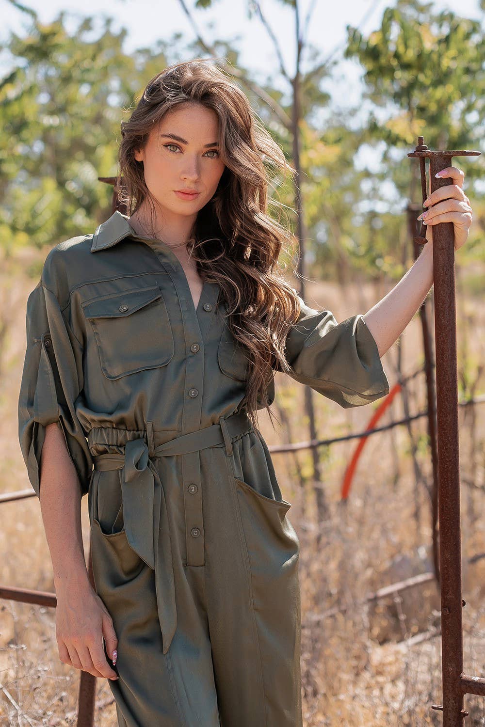 Satin Button-up Shirt Jumpsuit