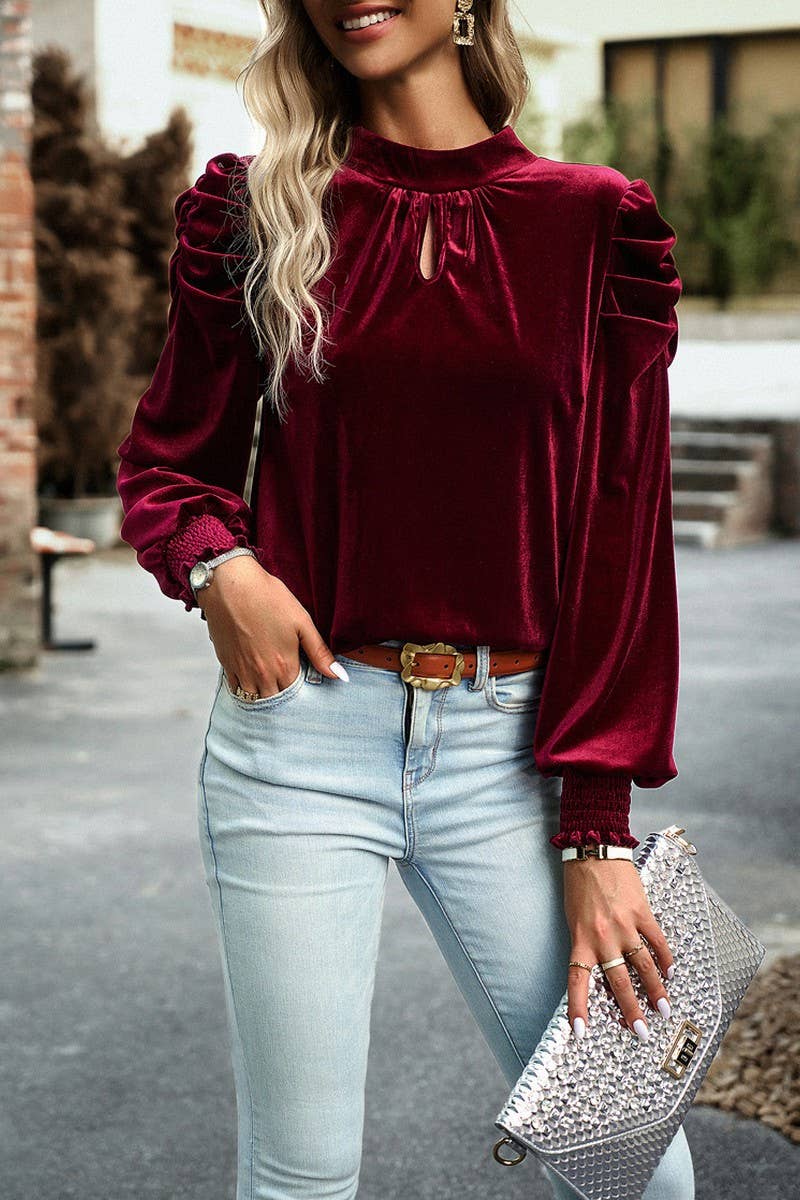 WOMEN SATIN HIGH NECK PUFF SLEEVE BLOUSE_CWTBLL0213