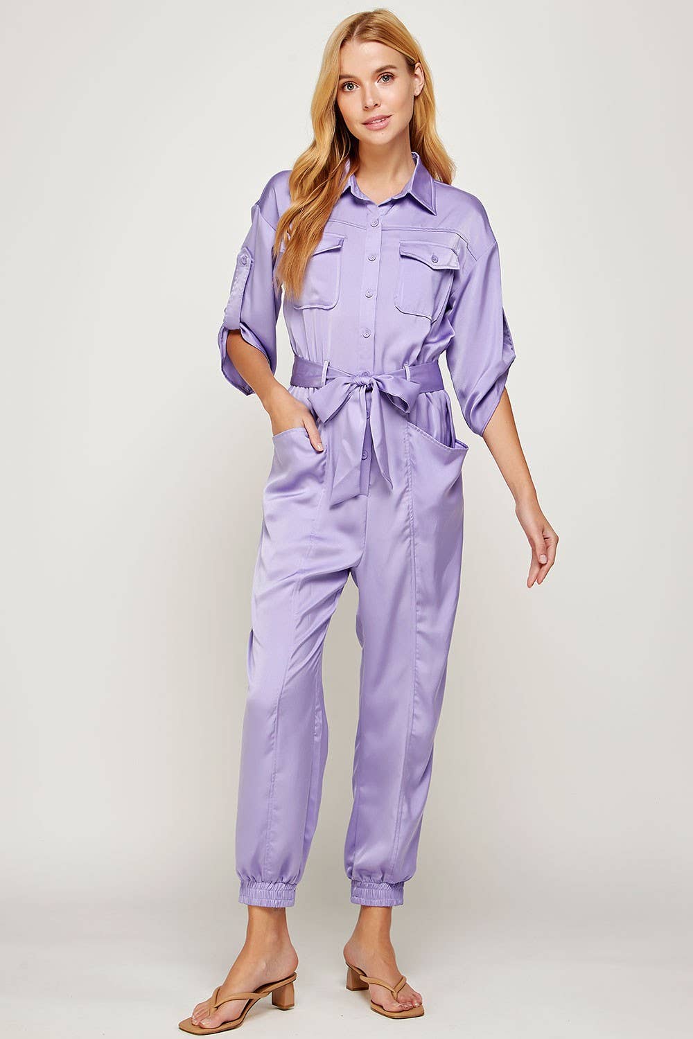 Satin Button-up Shirt Jumpsuit