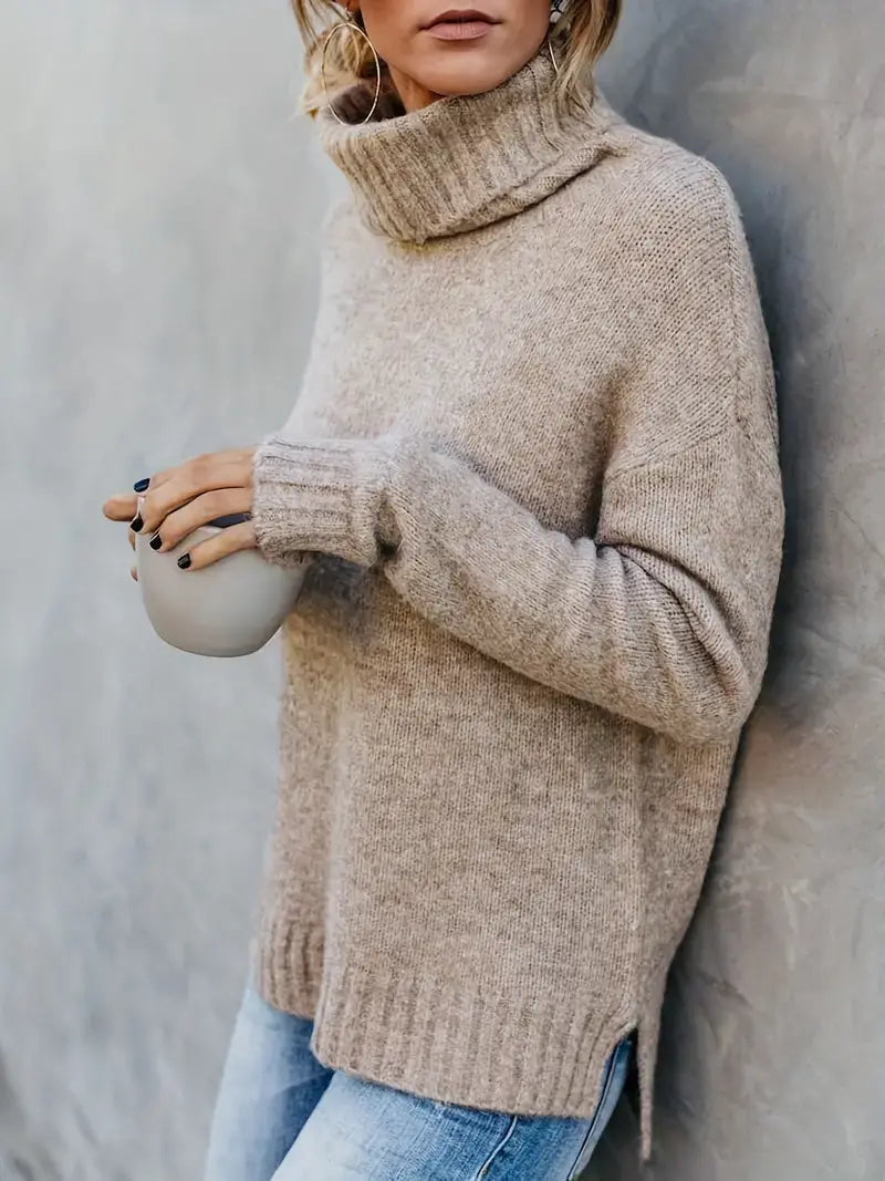 Solid Turtle Neck Pullover Sweater, Casual Long Sleeve