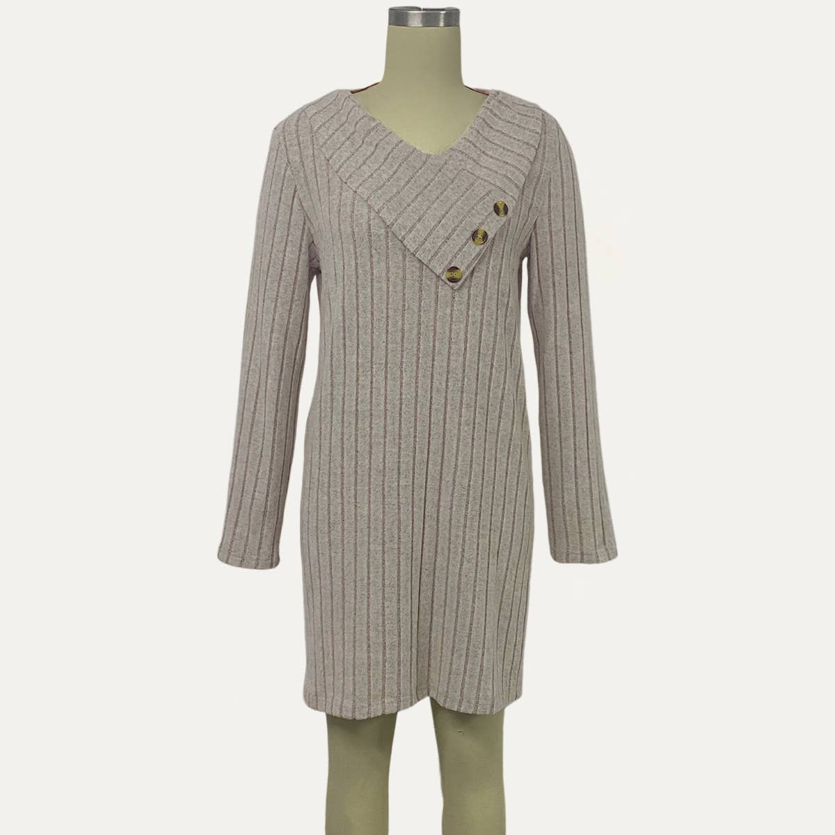 Comfort Textured Knit V-Neck Long Sleeve Mini Dress