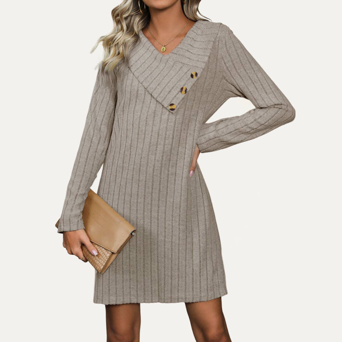 Comfort Textured Knit V-Neck Long Sleeve Mini Dress