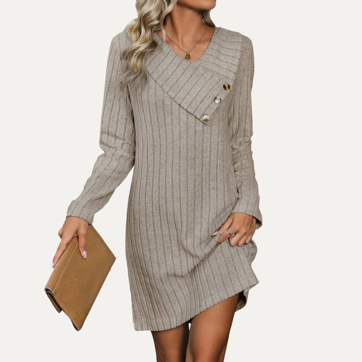 Comfort Textured Knit V-Neck Long Sleeve Mini Dress