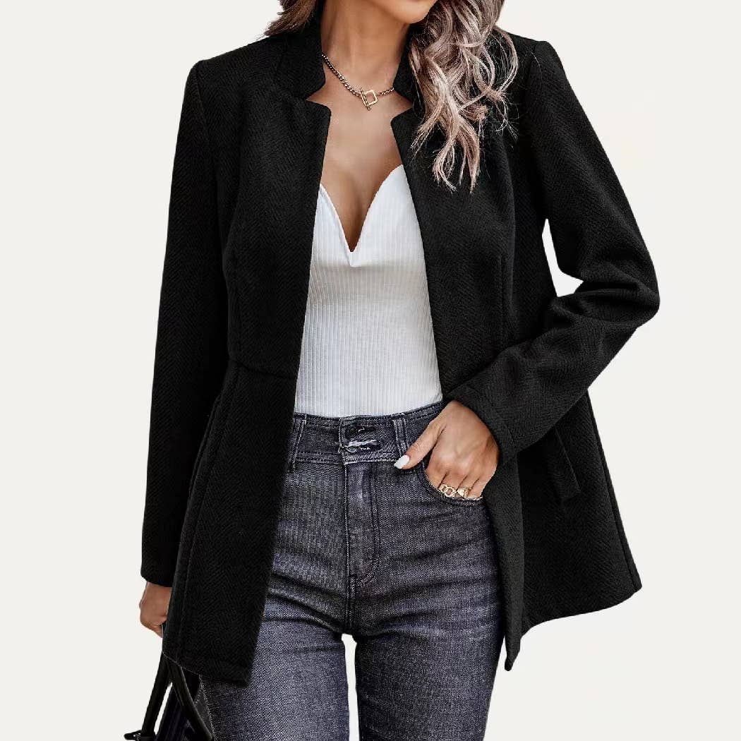 Striped Pattern Mock Neck Open Front Long Sleeve Blazer