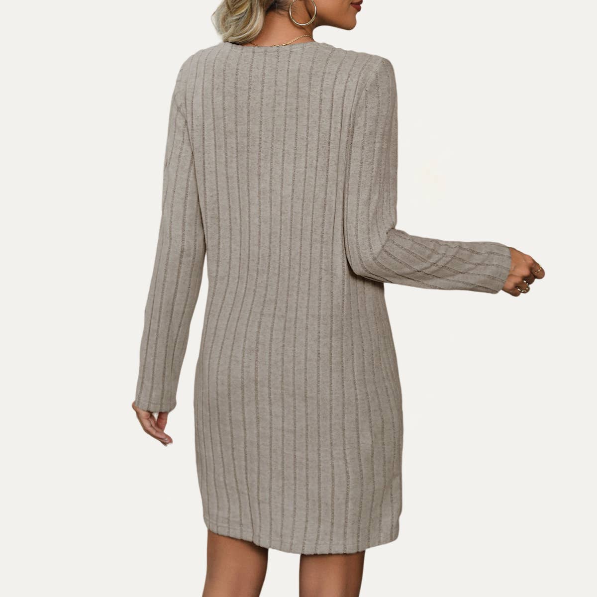 Comfort Textured Knit V-Neck Long Sleeve Mini Dress