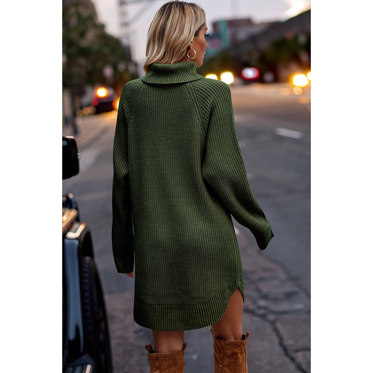 Thick Knit Roll Neck Solid Loose Fit Sweater Dress