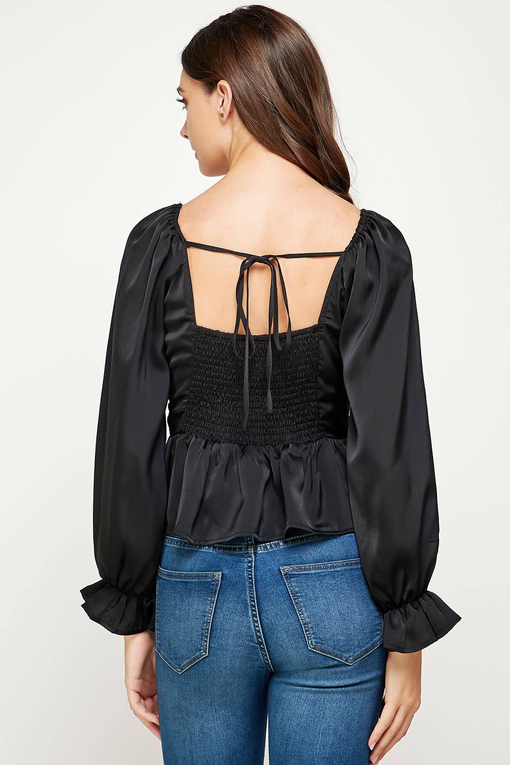 Pleated Long Sleeve Satin Top