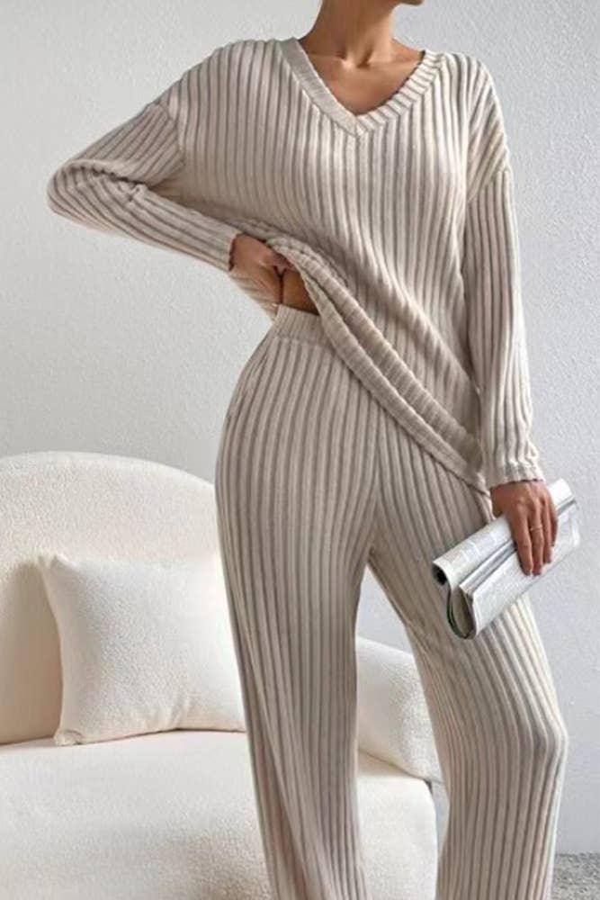 Plain V Neck Rib Long Sleeves Top With Pants 2pcs Set ZK560