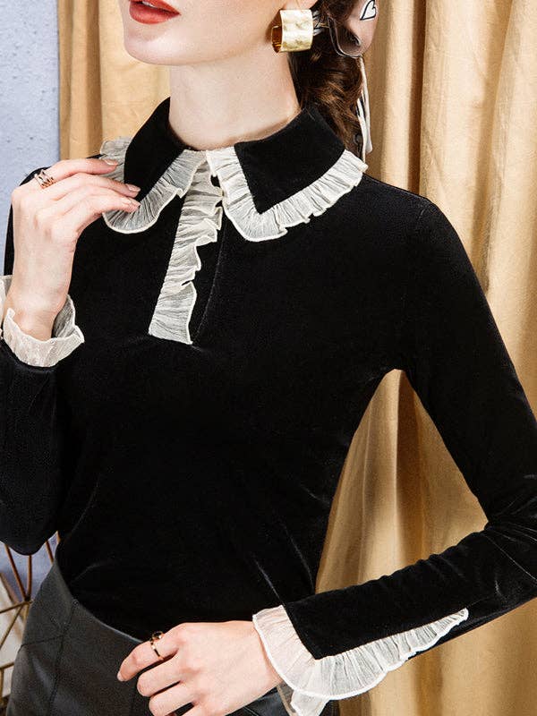 Hollow Ruffled Long Sleeves Skinny Peter Pan Collar T-Shirts Tops