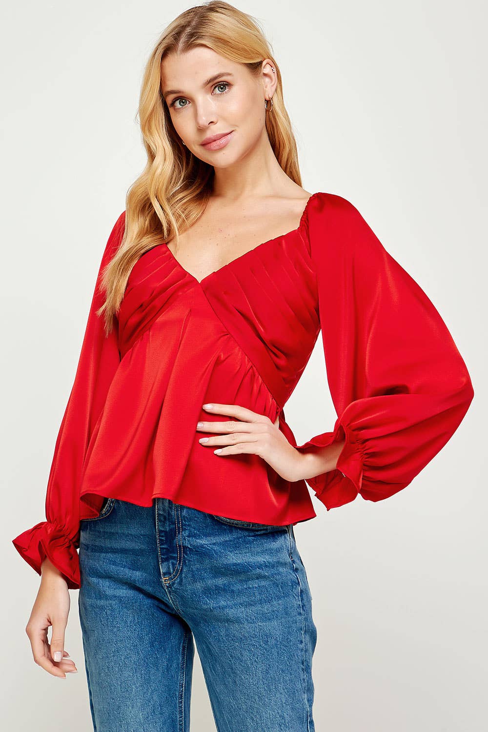 Pleated Long Sleeve Satin Top