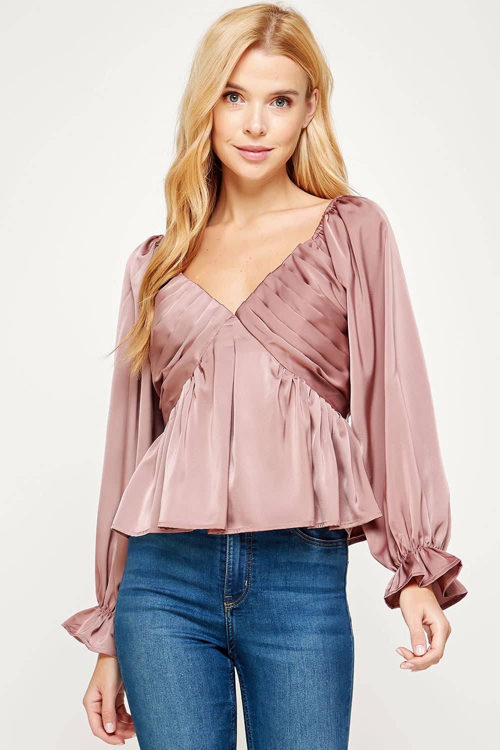 Pleated Long Sleeve Satin Top