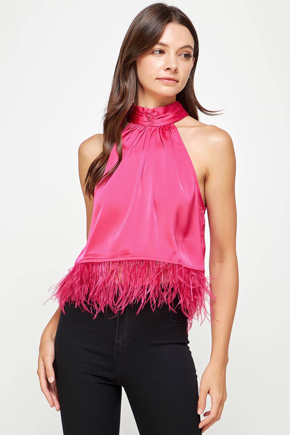 Halter Neck Feather Trim Satin Top