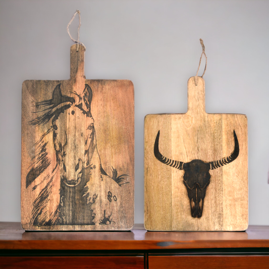 Set of 2 Horse/Longhorn Skull Branding Iron Cutting Boards