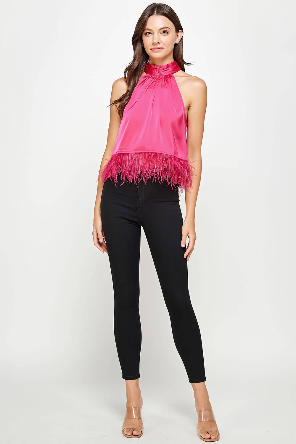 Halter Neck Feather Trim Satin Top