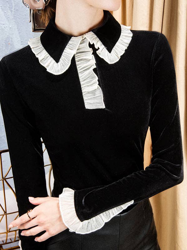 Hollow Ruffled Long Sleeves Skinny Peter Pan Collar T-Shirts Tops