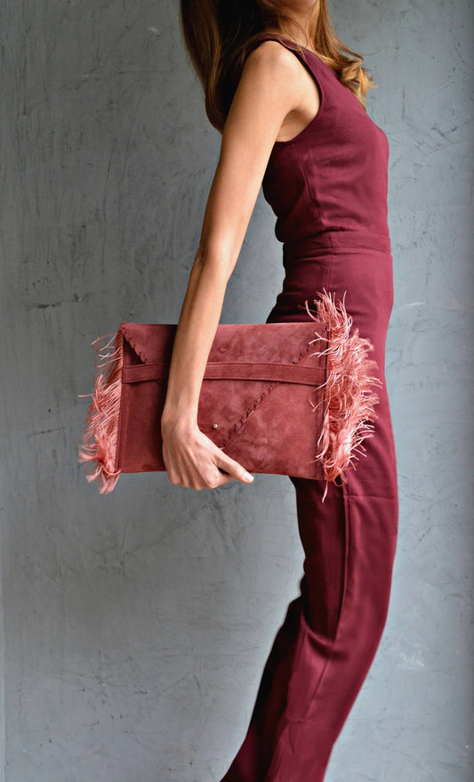 Medusa clutch in rosewood and silk fringes