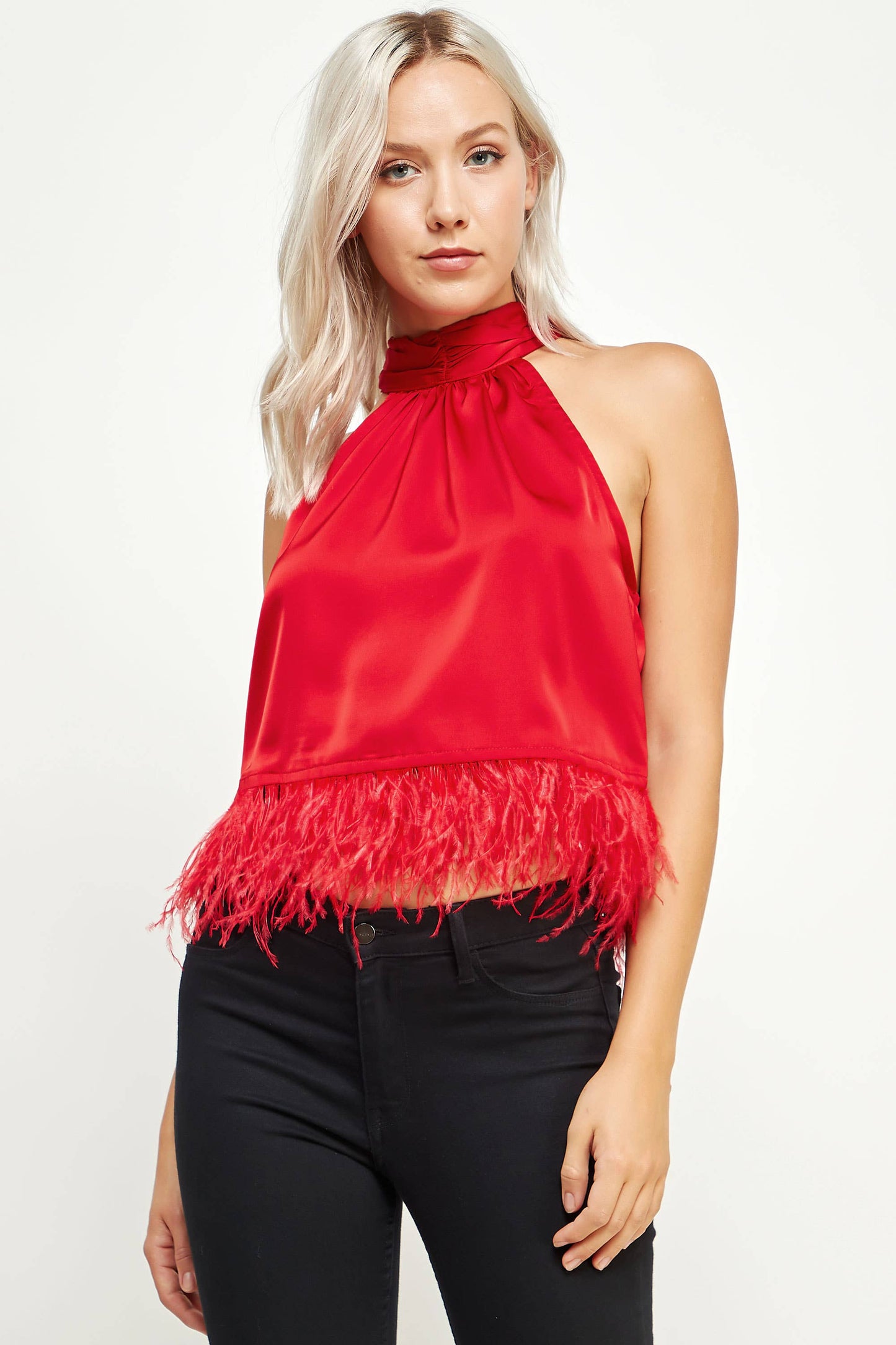 Halter Neck Feather Trim Satin Top