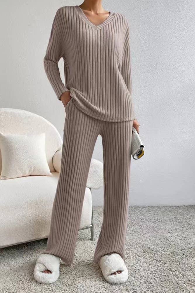 Plain V Neck Rib Long Sleeves Top With Pants 2pcs Set ZK560