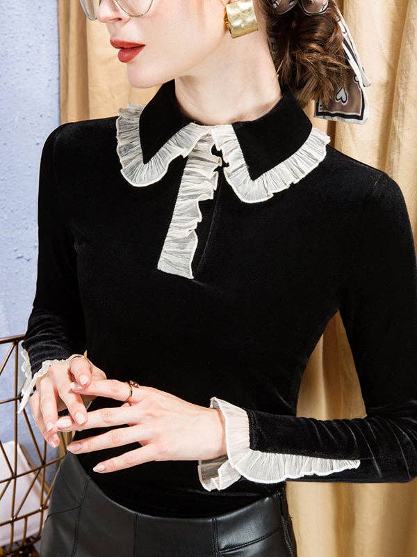 Hollow Ruffled Long Sleeves Skinny Peter Pan Collar T-Shirts Tops