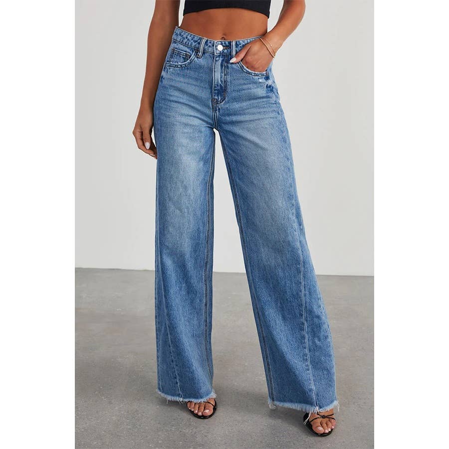 Wide Leg Side Seam Stitching Frayed Hem Jeans