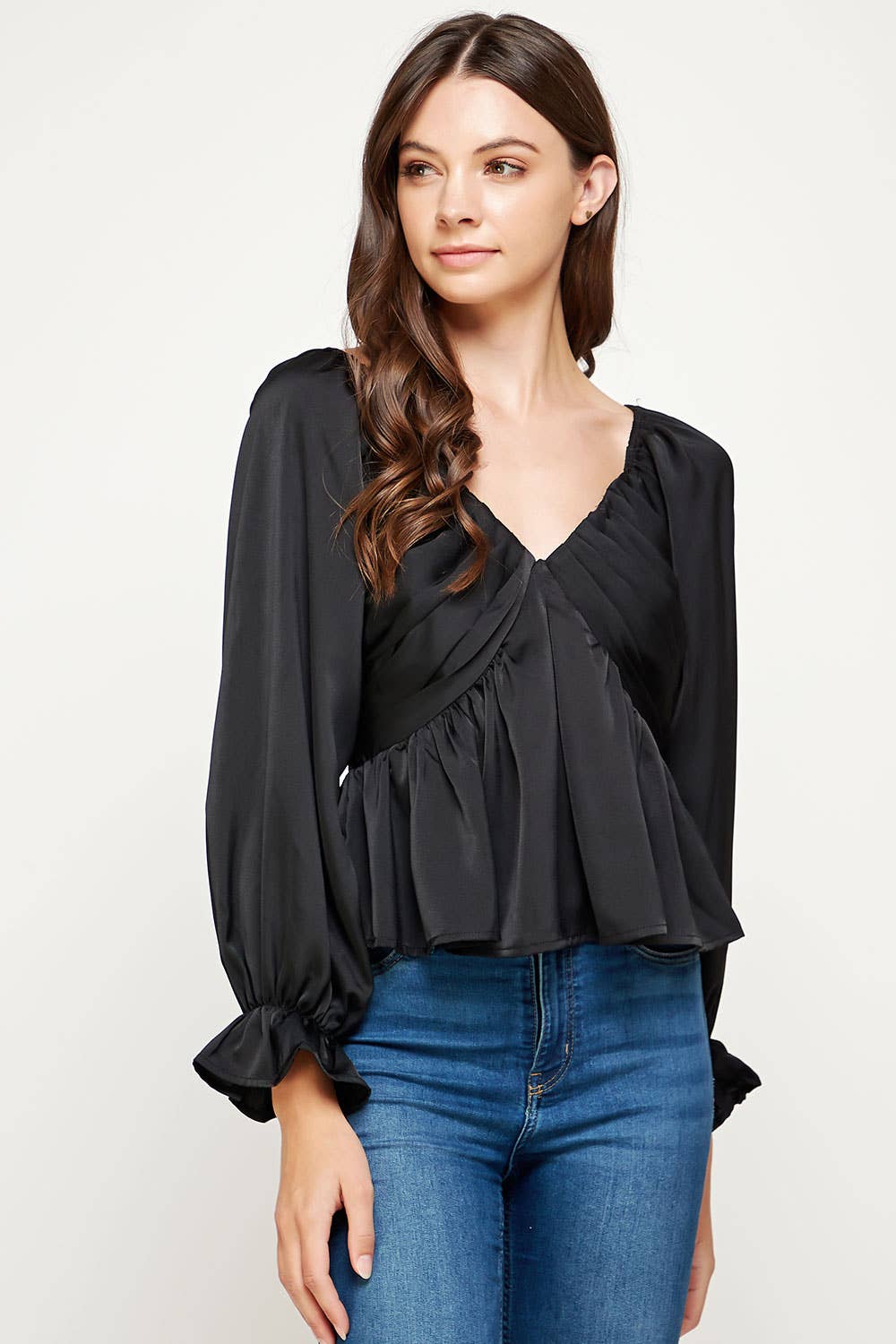 Pleated Long Sleeve Satin Top