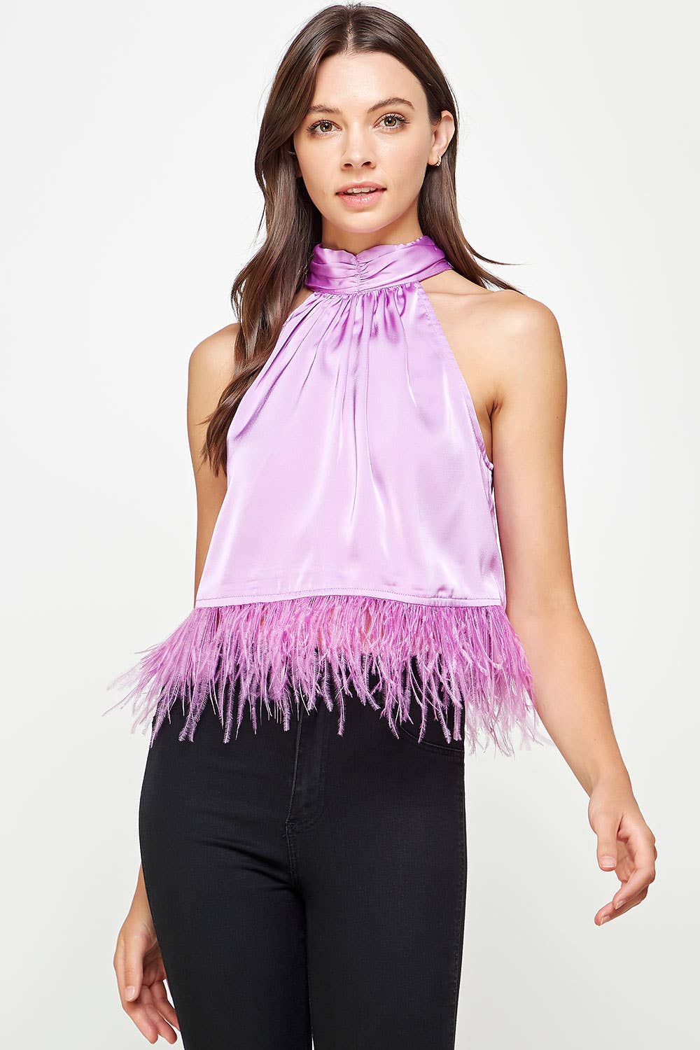 Halter Neck Feather Trim Satin Top