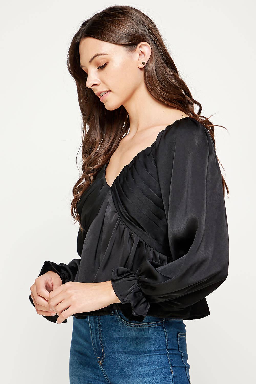 Pleated Long Sleeve Satin Top