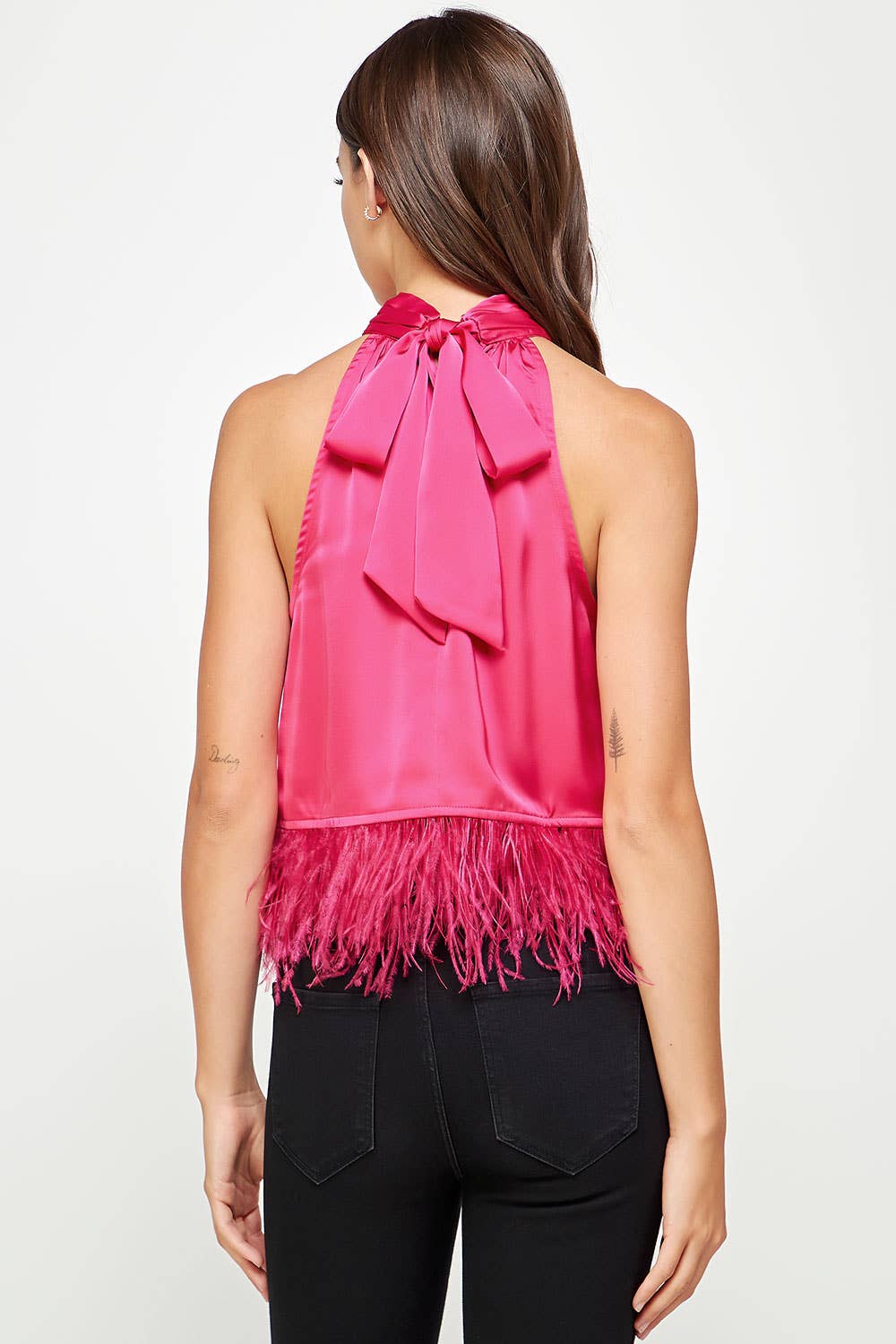 Halter Neck Feather Trim Satin Top