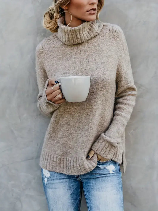 Solid Turtle Neck Pullover Sweater, Casual Long Sleeve