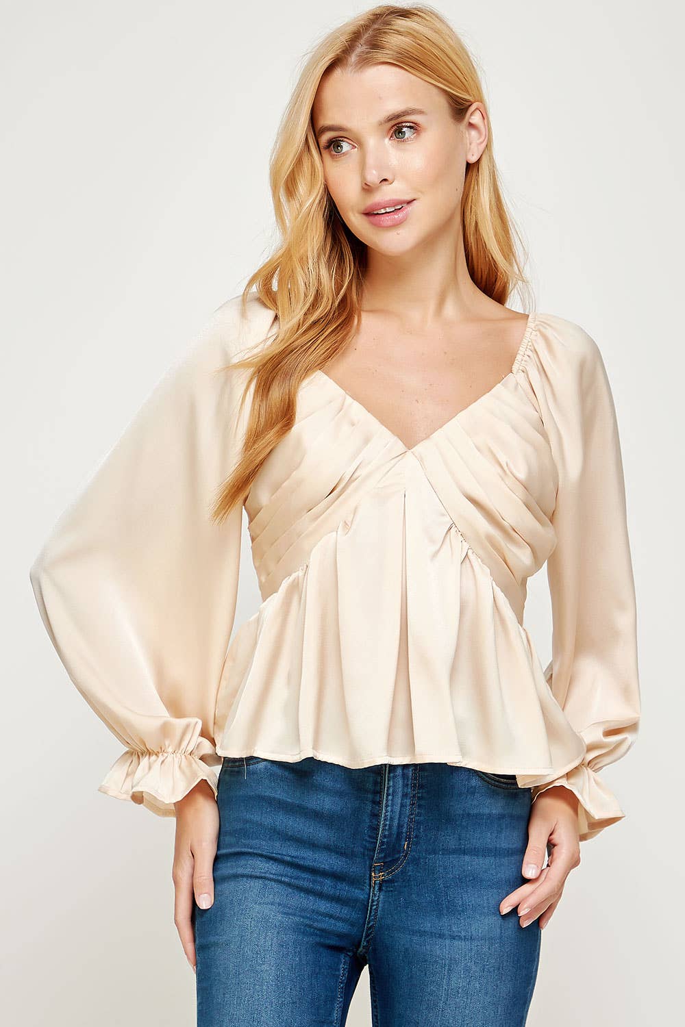 Pleated Long Sleeve Satin Top