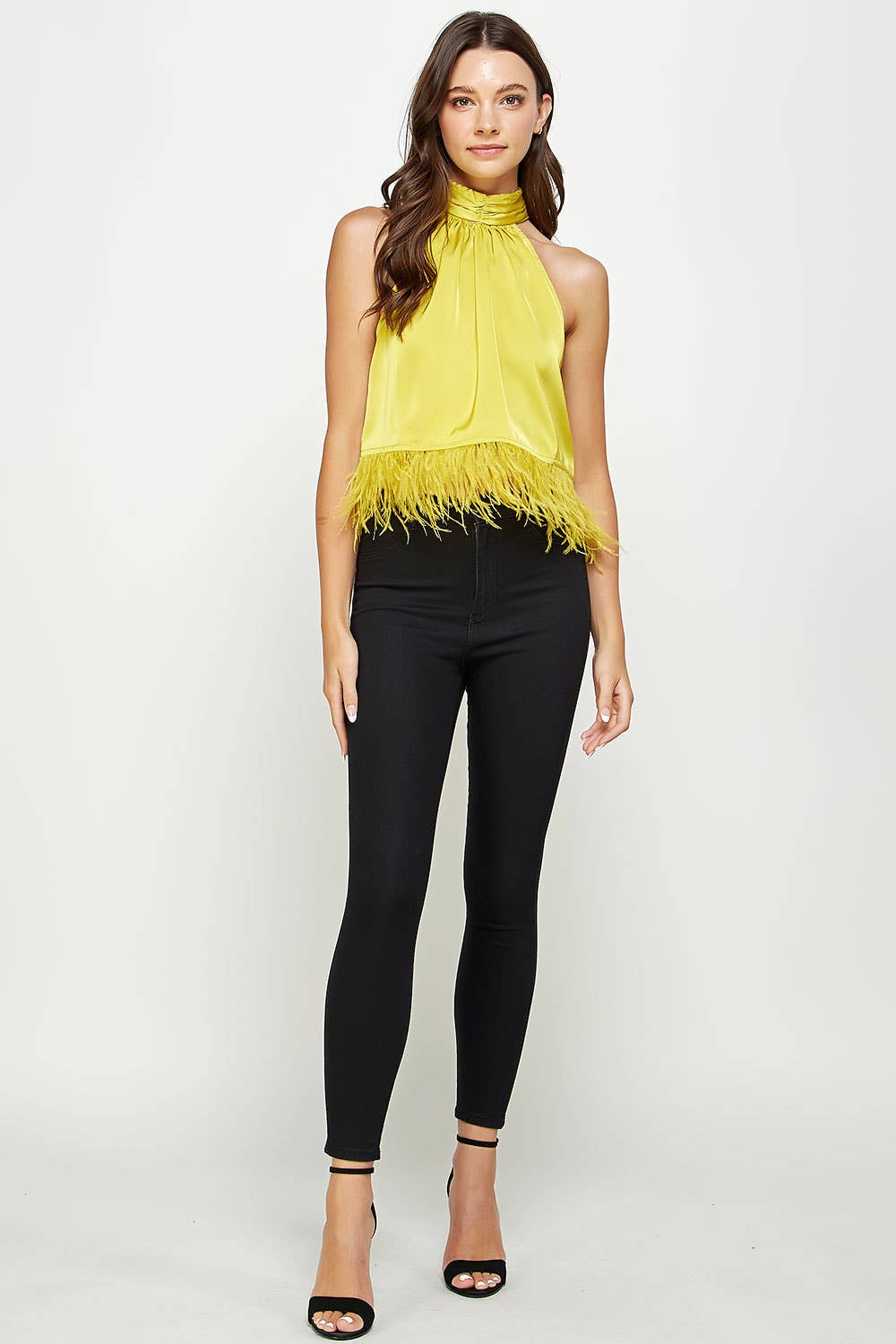 Halter Neck Feather Trim Satin Top