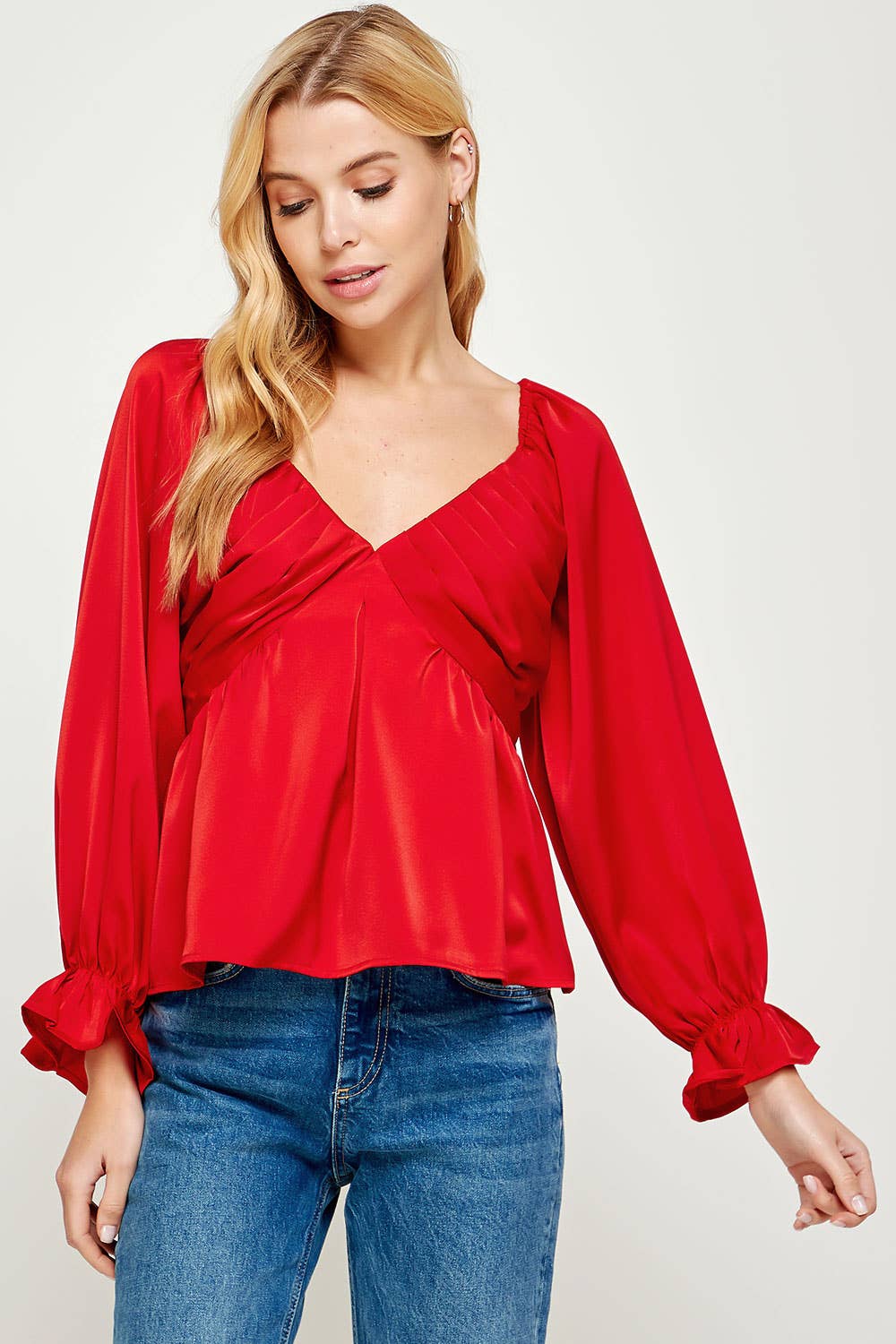 Pleated Long Sleeve Satin Top