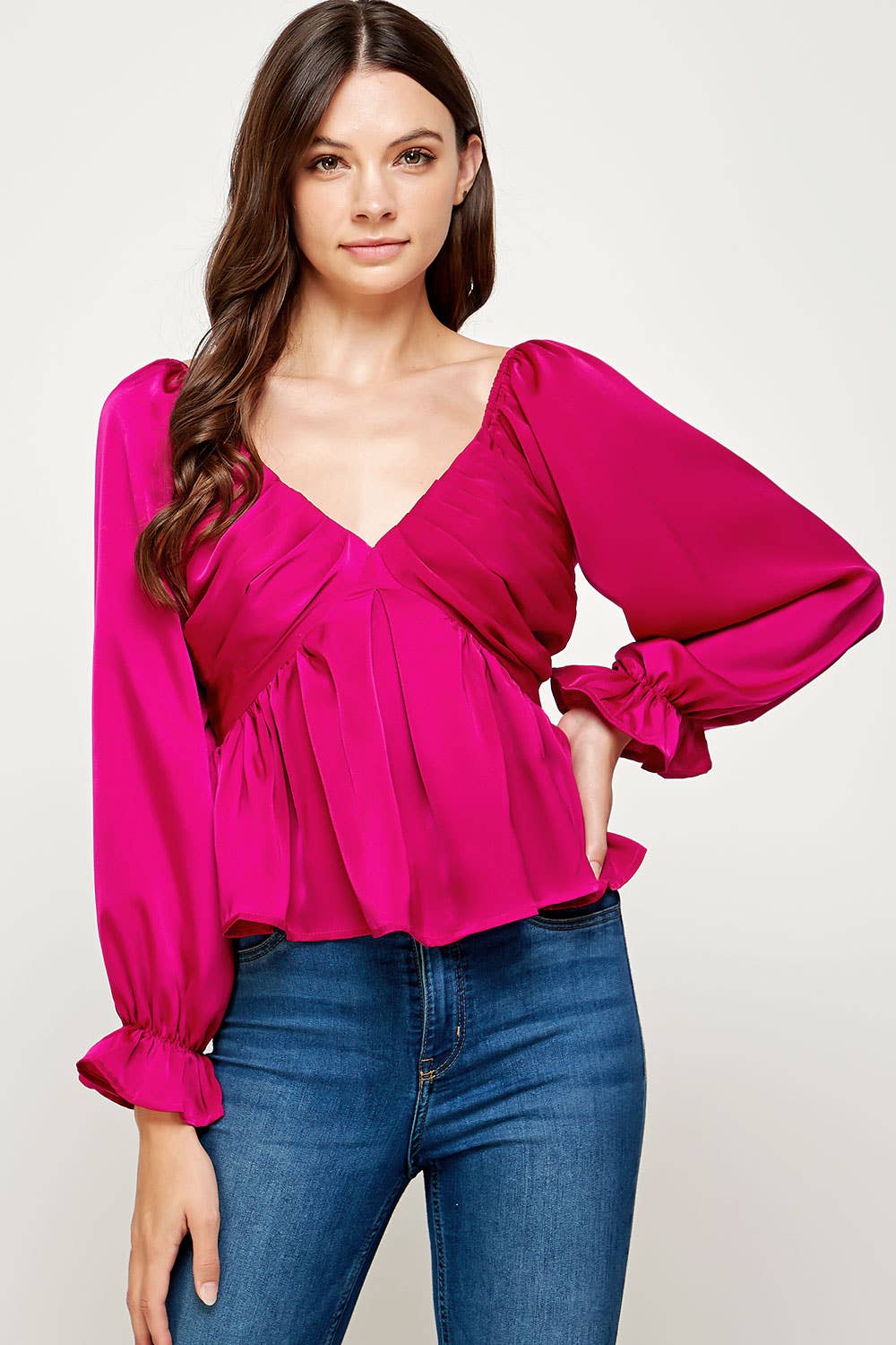 Pleated Long Sleeve Satin Top