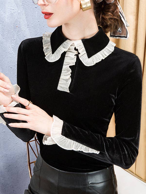 Hollow Ruffled Long Sleeves Skinny Peter Pan Collar T-Shirts Tops