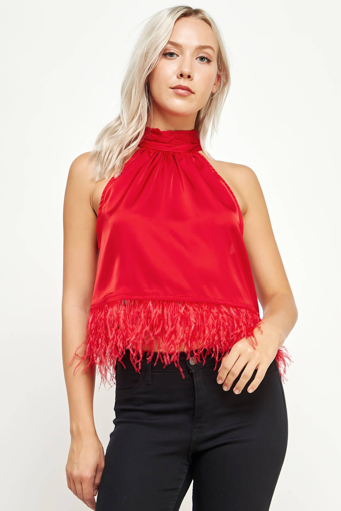 Halter Neck Feather Trim Satin Top